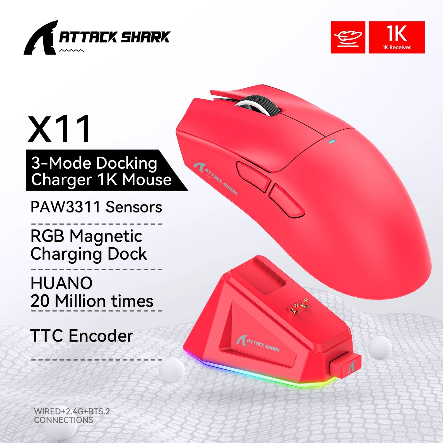 Attack Shark R1/X11 Wireless Gaming Mouse, 18K DPI PAW3311, Tri-Mode Bluetooth/2.4GHz/Wired, Lightweight, Macro Gaming Mouse