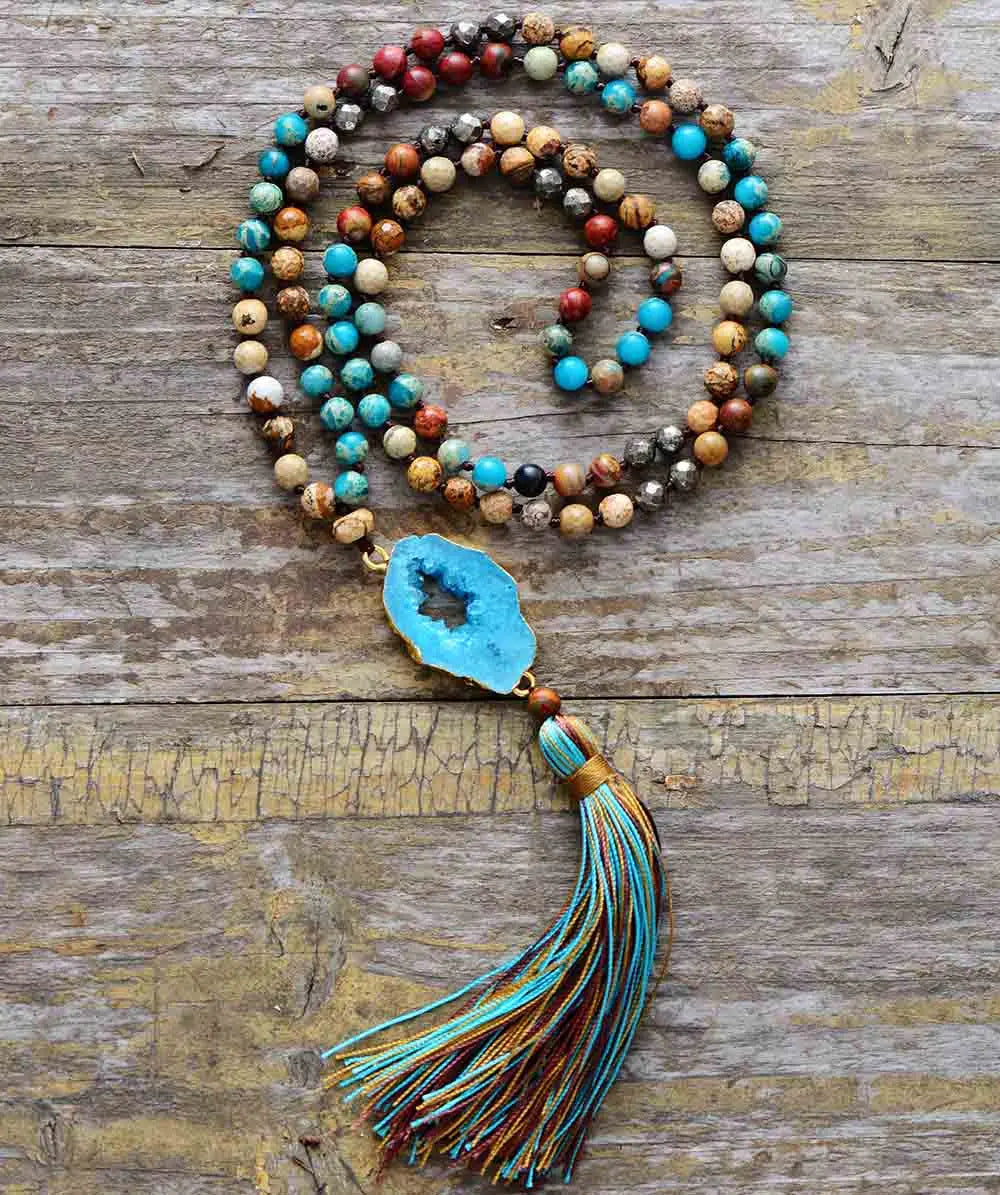 Luxury Necklace Natural Stone Pyrite Gilded Druzy Long Tassel Necklace Women Elegant Necklace Mom Gift Boho Necklace Dropship