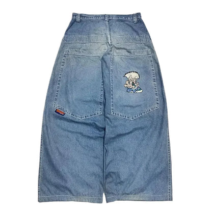 Y2K Baggy Jeans Women Cartoon Characters Embroidered Light Blue Washed Denim Jeans Harajuku Goth Skateboard Pants Street Clothes