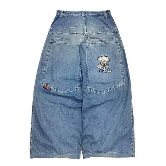 Y2K Baggy Jeans Women Cartoon Characters Embroidered Light Blue Washed Denim Jeans Harajuku Goth Skateboard Pants Street Clothes
