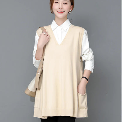 Autumn Winter Loose Svel Knitted Vest Women's Outerwear Faionable Slimming Korean Sle Polyester Fiber V-ne