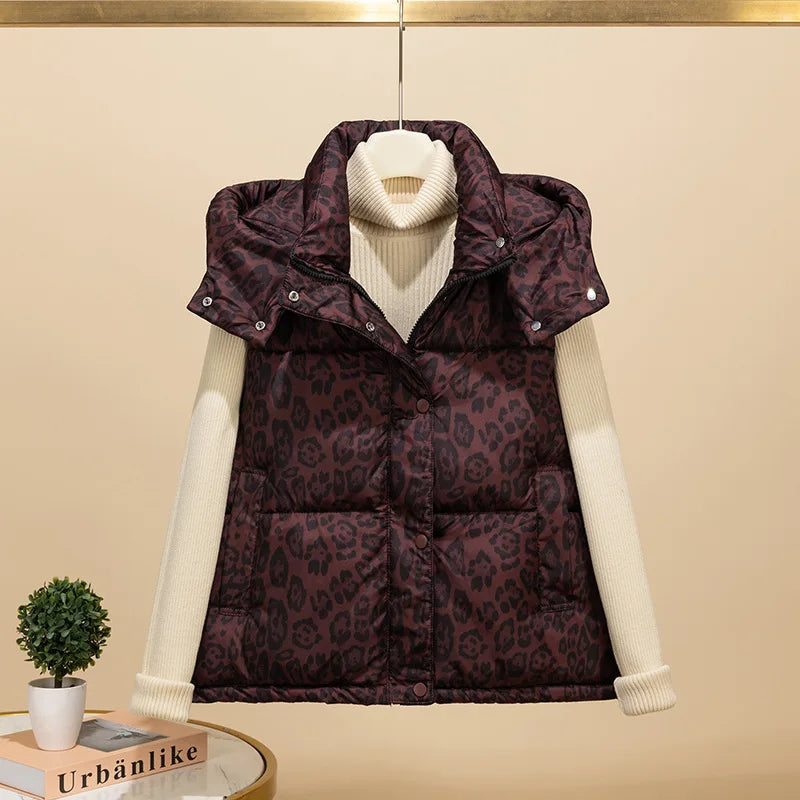 Autumn Winter Leopard Print Cotton Vest For Women American Fashion Hooded Sleeveless Jacket Casual High Street Warm Coat