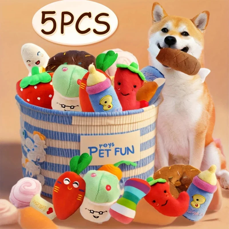 5PCS set of puppy sound toys, loose plush pet chewing, plush fruit snacks and vegetable puppy toys, suitable for cute playm