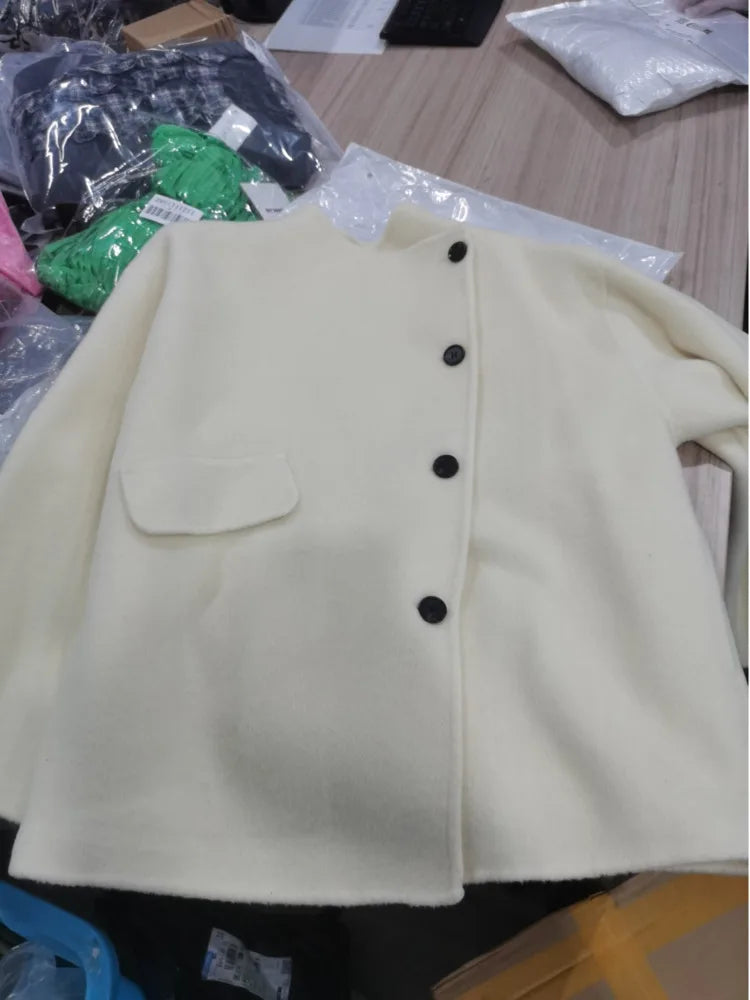 [LANMREM] Fashion Solid Color Loose Wool Coat For Women Turn Down Collar Single Breasted Coats 2025 Winter New Tide 26DA1533