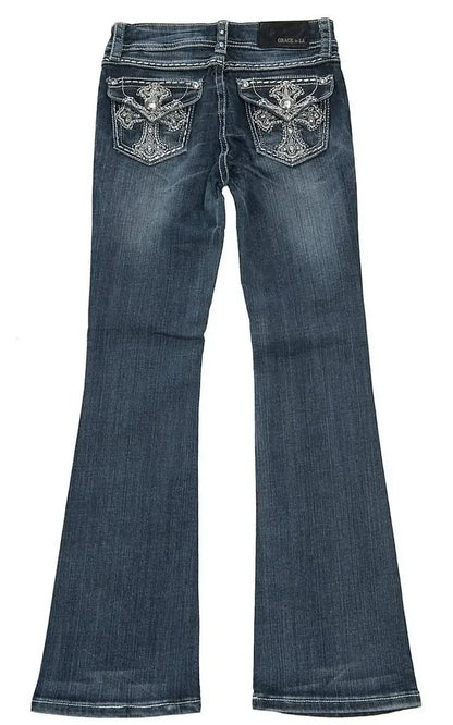Y2k Retro Gothic High Waited Jeans Hot Diamond Embroidery Pattern Blue Jeans Woman Hip Micro Horn Baggy Jeans Street Clothing