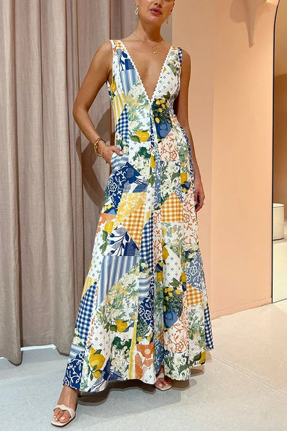 Printed Sexy Deep V-neck Dresses Women Sleeveless Fashion Chic Lady A-line Dress Beach Vacation Style Vestidos Spring Summer New