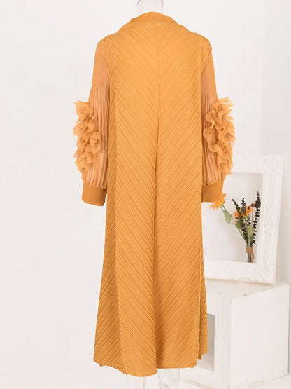 YUDX High Quality Maxi Miyake Pleated Dress Round Neck Spliced Fungus Full Sleeve Dresses For Women 2025 New Spring Clothing