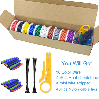 10 Colors in One 16-18-20-22-24-26-28-30 Gauge Silicone Electrical Wire 22 AWG Stranded Tinned Copper Hookup Wire Kit with Tools