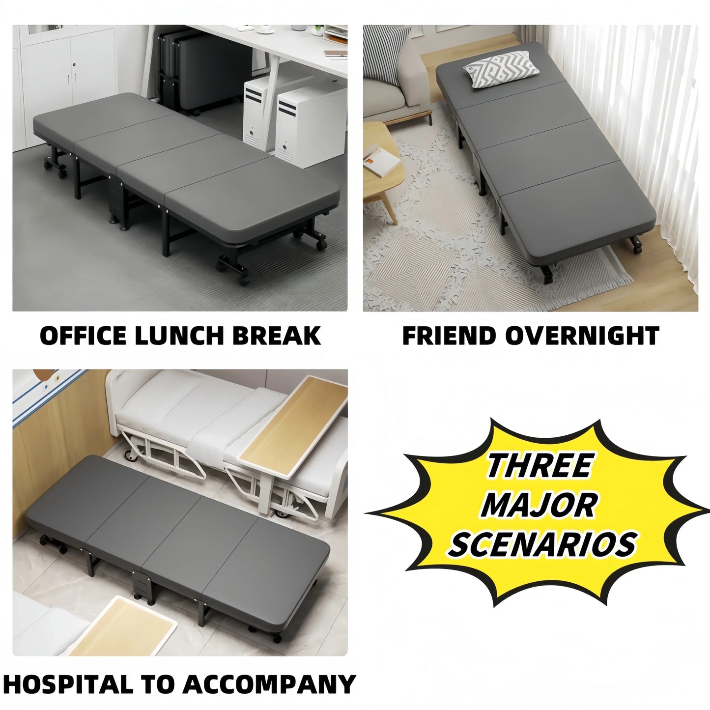 Convenient Small Size Office Folding Bed Nap Recliner Single Adult Hospital Escort Camp Bed with Pulley Folding Furniture