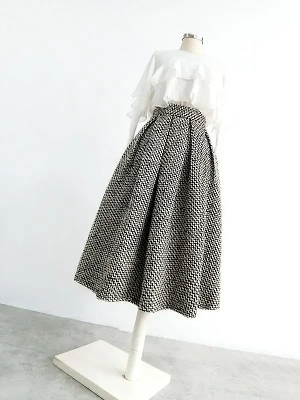 2025 New Fashion Tweed with Pocket Knee Length Skirt Winter Women Vintage Thickened High Waist Pleated A-Line Skirts Faldas