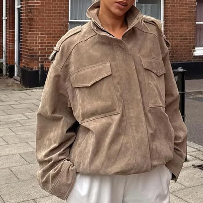 Women's Khaki Leather Jacket zartins Long Sleeve Outwear Streetwear Fashion Coat with Pocket 2026 Style Jackets Solid Woman Coat