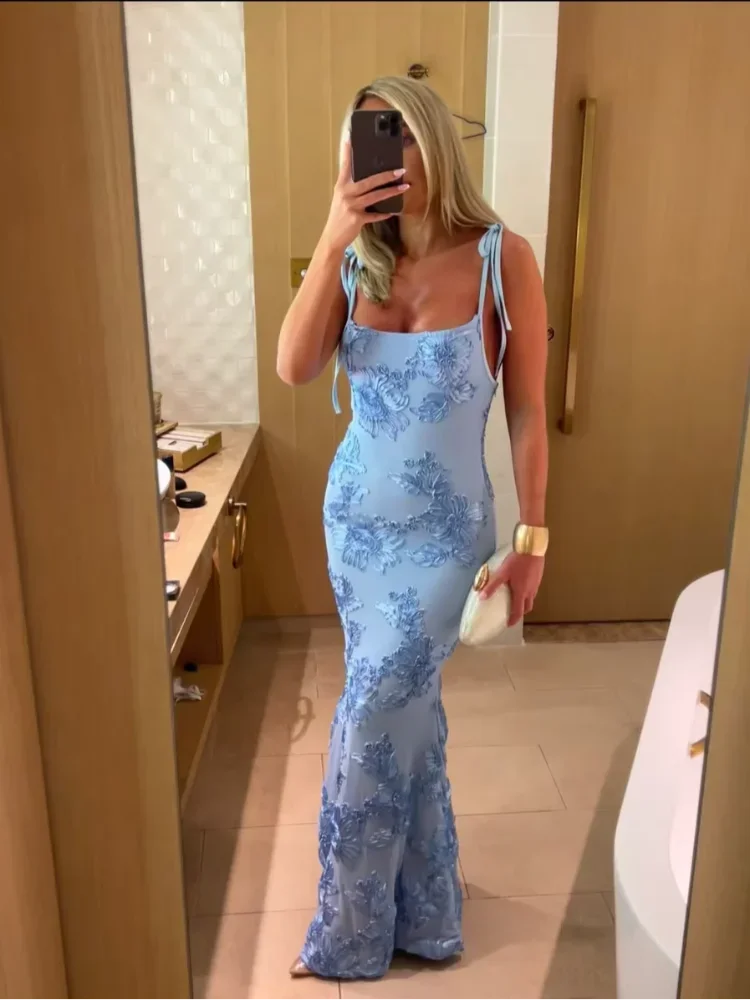Rose Red Floral Embroidered Long Dress Women's Elegant Spaghetti Strap Off-shoulder Dresses Lady Summer New Vacation Beach Gowns