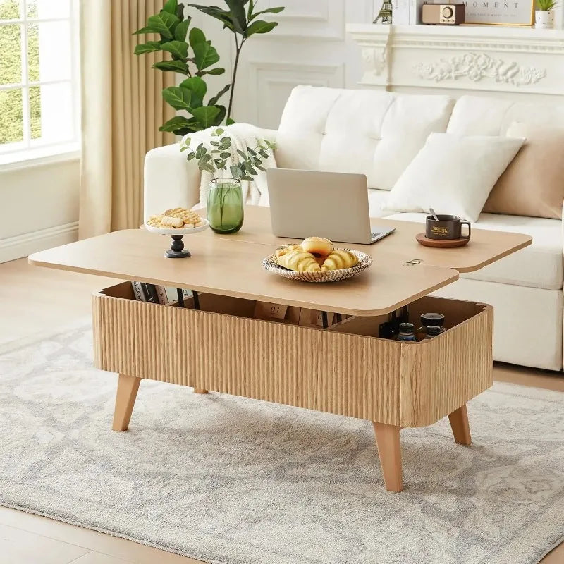 3 in 1 Lift Top Coffee Table, Fluted Convertible Coffee Tables Converts to Dining Tables, Modern Oval Wooden Center Table with