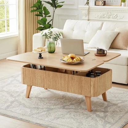 3 in 1 Lift Top Coffee Table, Fluted Convertible Coffee Tables Converts to Dining Tables, Modern Oval Wooden Center Table with