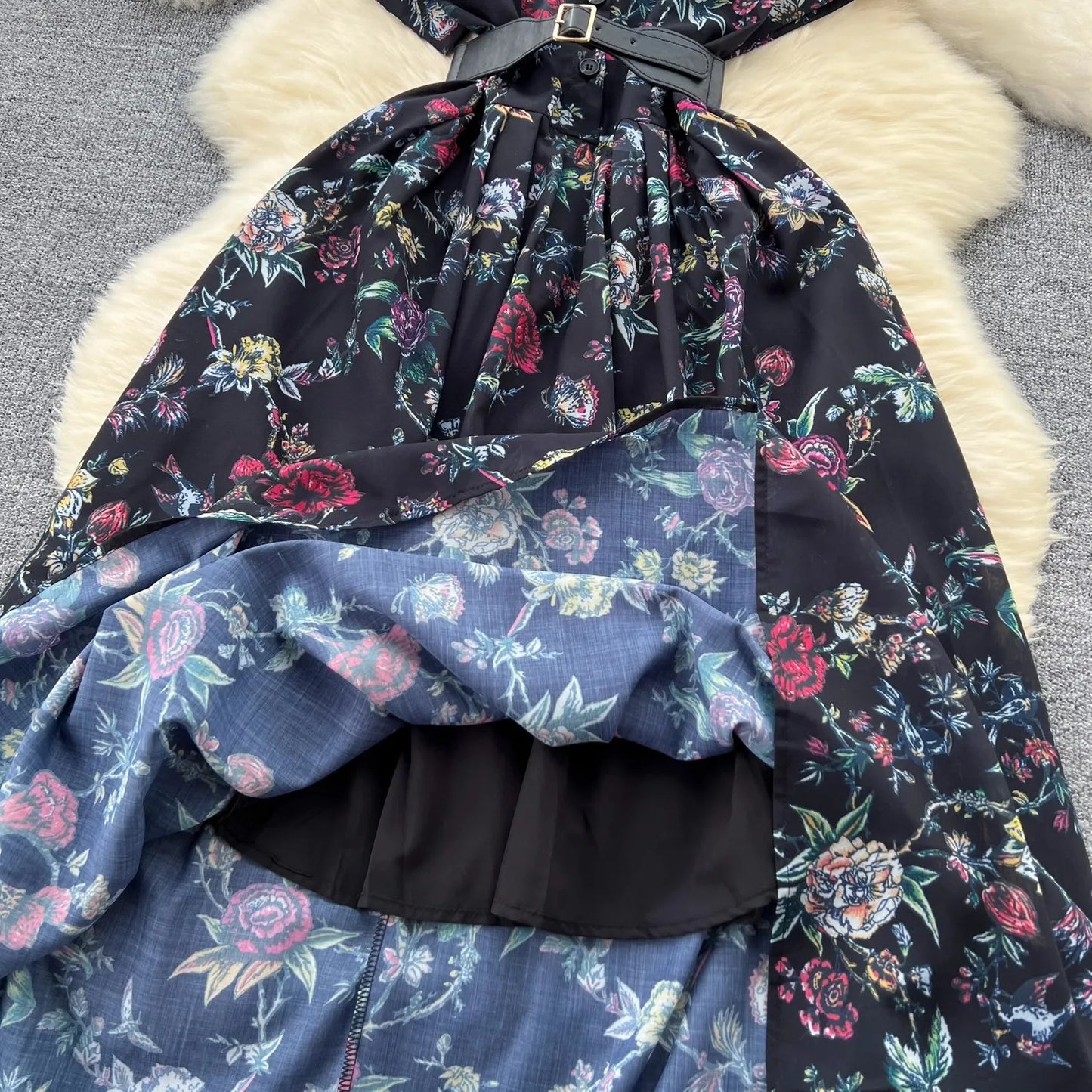 French Vintage Print Lapel Dress Women's Short Sleeve Floral Print High Waist Belt Office Lady Maxi Clothing Female Vestidos
