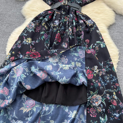 French Vintage Print Lapel Dress Women's Short Sleeve Floral Print High Waist Belt Office Lady Maxi Clothing Female Vestidos