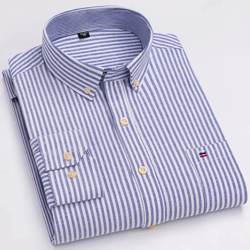 Men's Long Sleeve Oxford Dress Shirt 100% Cotton Plaid Checkered Chest Pocket Button Down Collar Casual Shirts