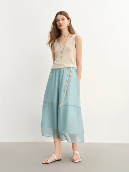 DUSHU 2025 Summer Women's High Waist Sheer Chiffon Skirt - A-Line Flowy Boho Skirt with Flattering Slimming Silhouette