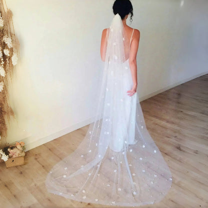 G83 Pearls Wedding Veil 3D Flowers Bridal Veils 1 Tiers Beaded Soft Tulle with Comb Long Wedding Accessories for Bride