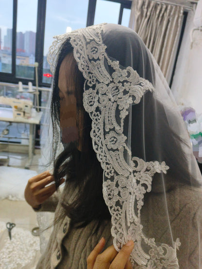 1 Tier Mantilla Wedding Veil With Comb Full Lace Edge Long Scalloped Floral Elegant Bridal Veils White Ivory Fingertip 2m 3m 4m