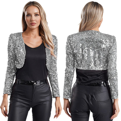 Womens Sequin Crop Jacket Open Front Long Sleeve Fully Lining Cardigan Cropped Blazer Bolero Shrug Cocktail Club Party Outerwear