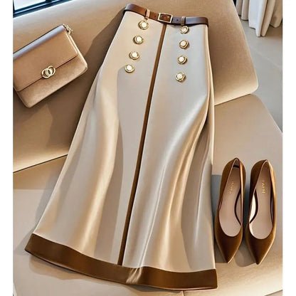 Autumn New Elegant Party Patchwork Skirts Fashion Women High Waist Beaded Double-breasted Skirt Office Lady Jupe With Belt 528P