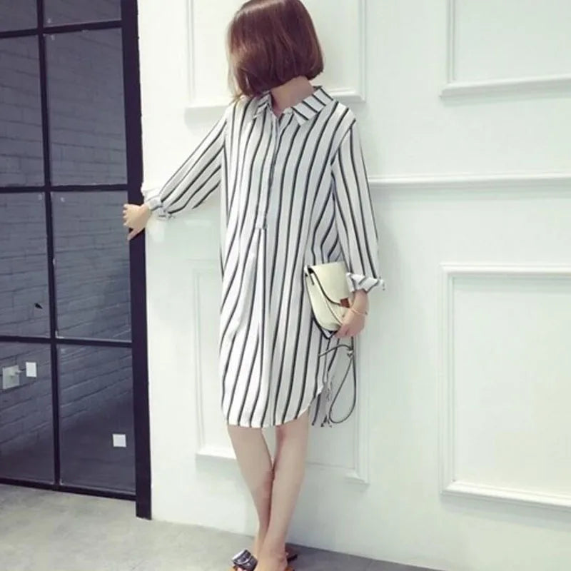 Long Sleeve Striped Printed Shirt Dress Female 2023 Simple All-match Turn-down Collar Fashion Chiffon Dresses Women's Clothing