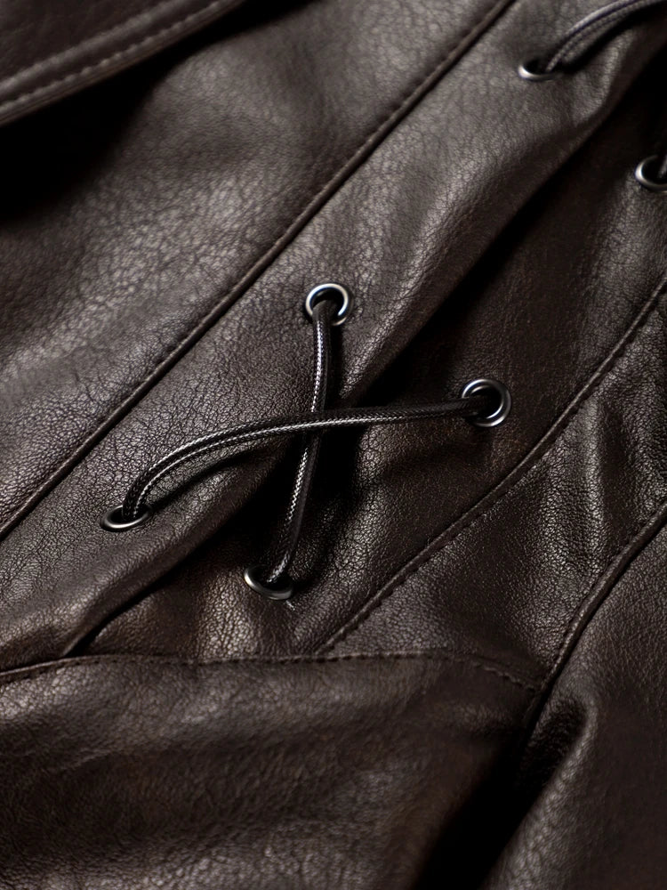 Vintage Leather CroppedJacket for Women With Belt V Neck Button Long Sleeve Motorcycle Coffee Coat 2025 Autumn Ladies Outerwear