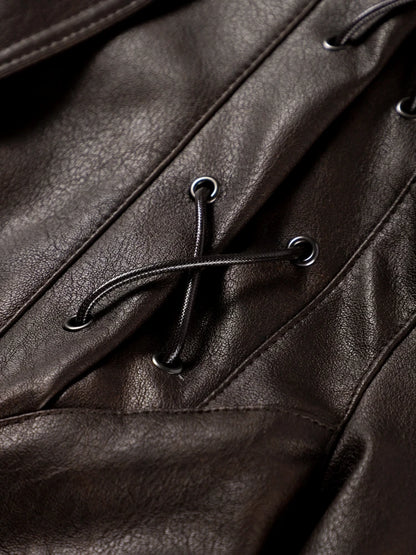 Vintage Leather CroppedJacket for Women With Belt V Neck Button Long Sleeve Motorcycle Coffee Coat 2025 Autumn Ladies Outerwear