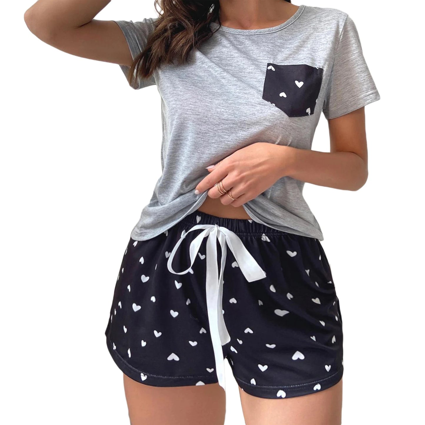 Women 2 Piece Pajamas Set Plaid/Heart Print T-Shirt and Elastic Drawstring Shorts for Loungewear Soft Sleepwear