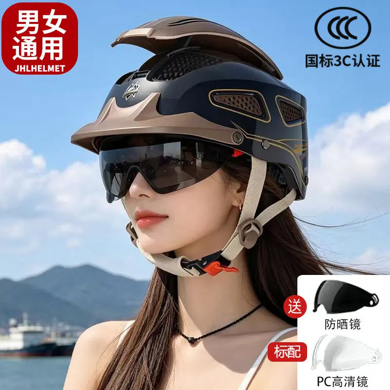 Electric Motorcycle Helmet Breathable Sun Protection Double Lens Safety Helmet Cooling and Rainproof Equipment