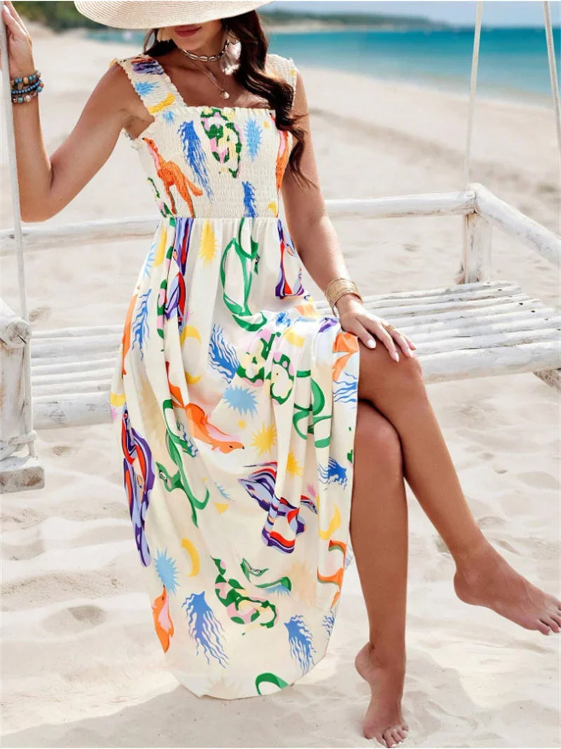 Women New Backless Suspenders Dresses Vintage Print Elastic Pleated Wrap Bust Long Gown Female Comfortable Vacation Casual Dress
