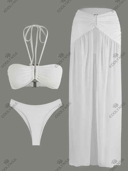 2025 Summer White Halter Neck 3 Piece Bikini Set Sheer Split Maxi Skirt Beach Dress Vacations Outfits Pool Party Wear K236