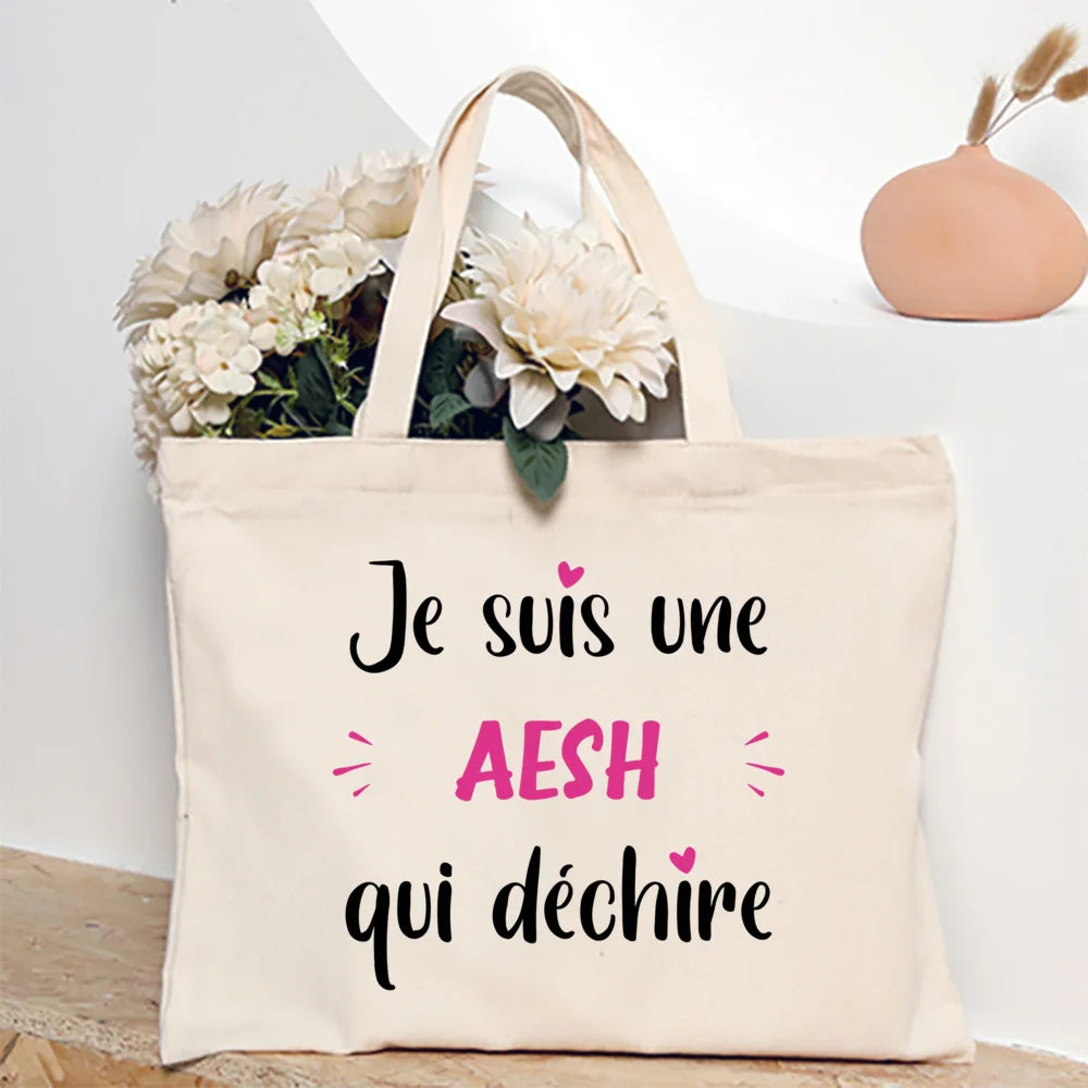 Merci Aesh French Printed Women Tote Bag Canvas Shopping Bags Female Shoudler Bag  Travel Handbag Graduate Thanks Gift for Aesh