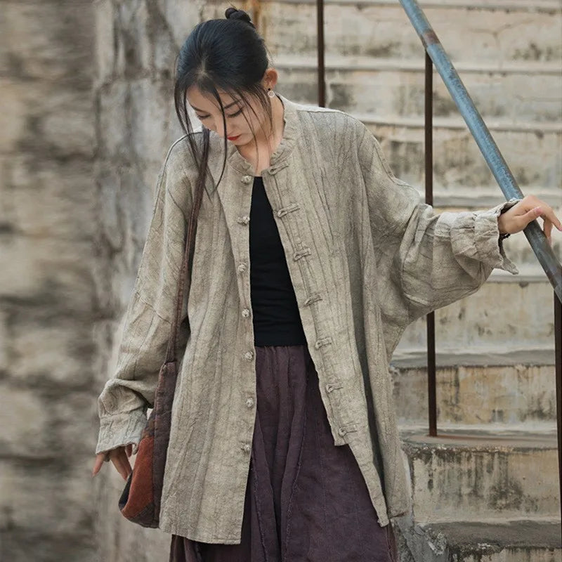 Johnature Women Vintage Ramie Shirt Jackets Stand Long Sleeve High Quality Coats 2025 Autumn New Button Loose Women Jackets