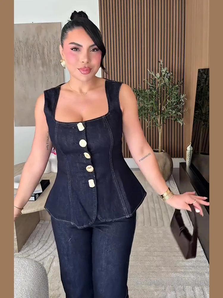Street Denim Pants Set Women Sleeveless Single Breasted Slim Square Collar Tank High Waist Straight Jeans 2025 Summer Lady Suit
