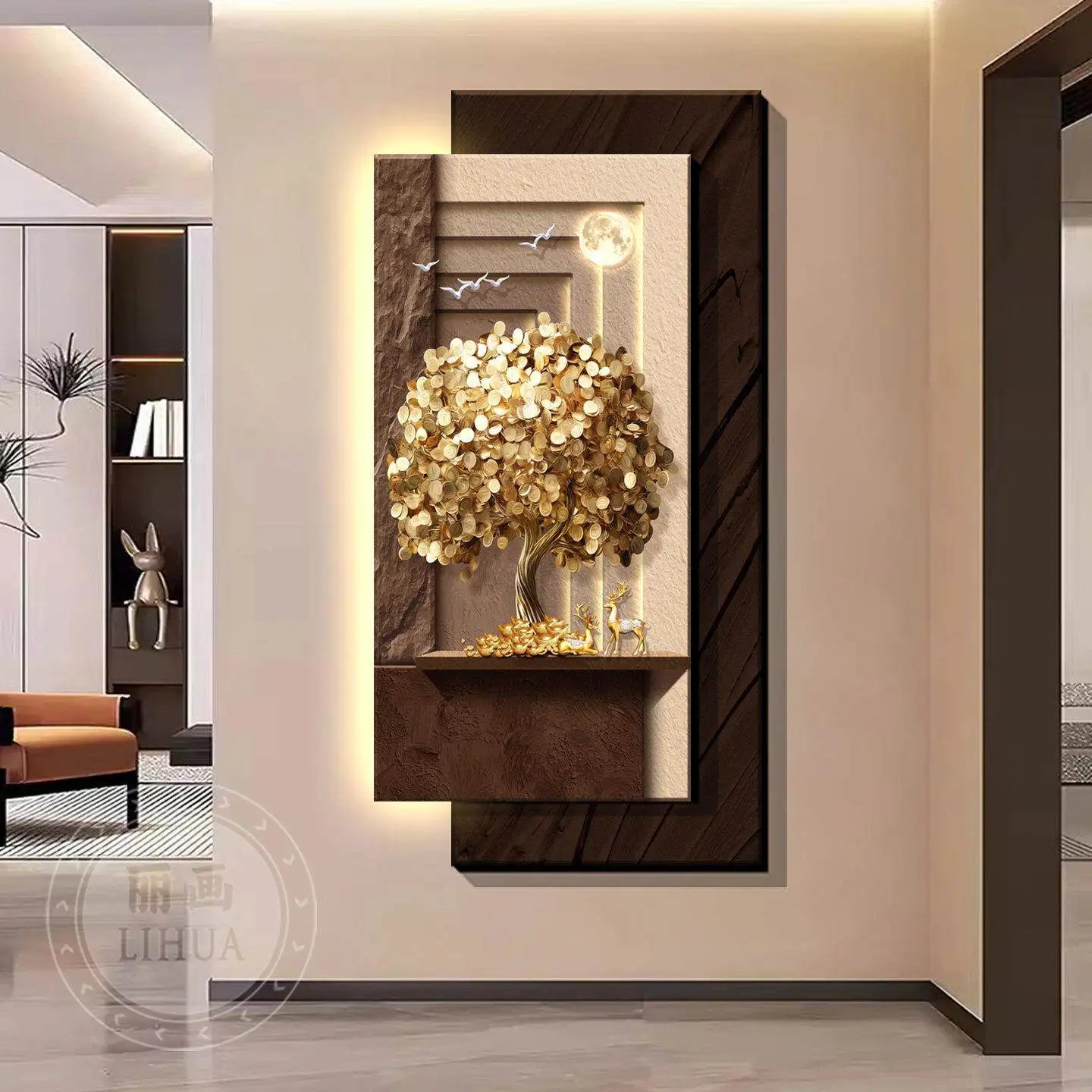 Decorative paintings at the entrance, money-bringing trees, and corridor hanging paintings, accompanied by illuminated murals