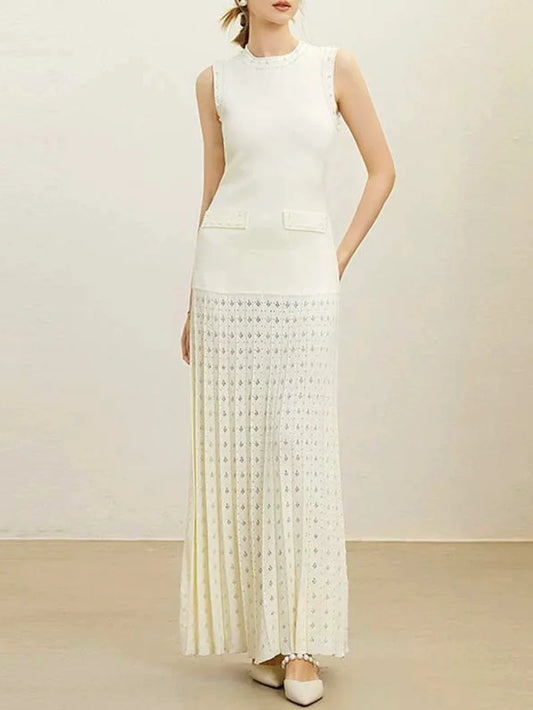 Pearls Decorated Women Round Neck Sleeveless Splicing Knitted Sweater Dress Elegant Or Short Knitted 2025 Spring New Women P8QA