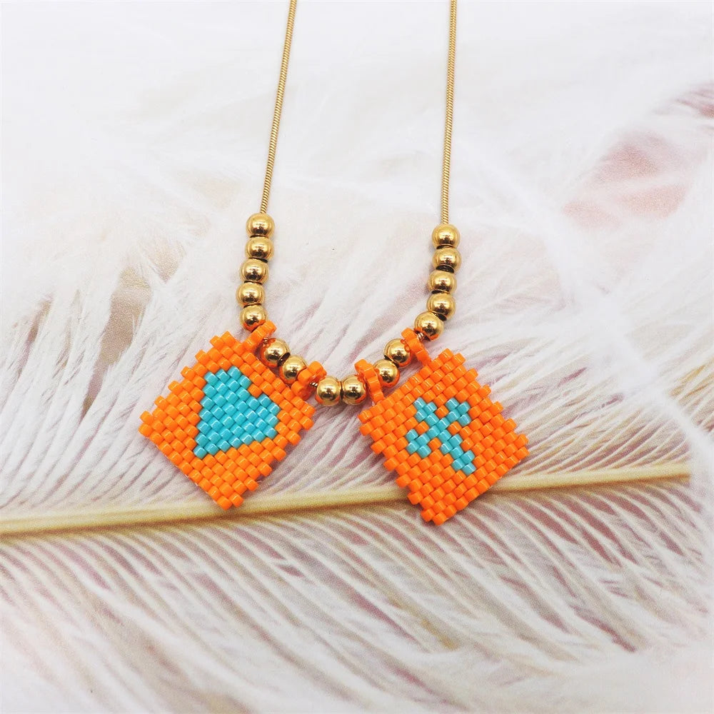 ZHONGVI Scapular Necklace Miyuki Heart Cross Adjustable Necklace Lady Necklace Stainless Steel Bead Necklace Jewelry
