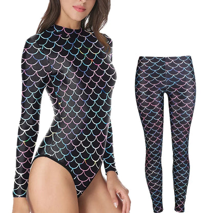 Nadanbao Womens Bodysuits Swimwear Mermaid Two-Piece Suit Fish Scale Print Long Sleeves Cosplay Costume with Stretch Leggings