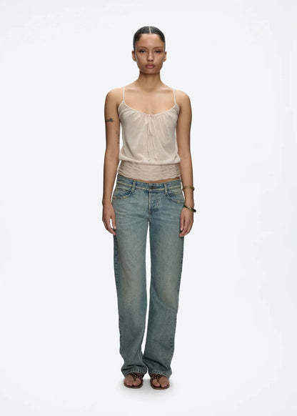 tank Vintage Blue Washed and Distressed Denim Jeans Low Waist Slim Fit Straight Leg Pants