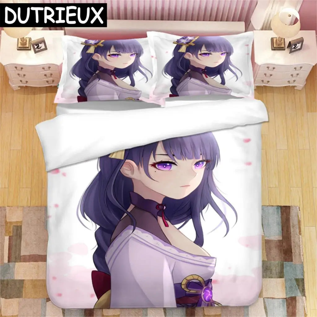 Genshin Impact Raiden Shogun 3D Printed Bedding Set Duvet Covers Pillowcases Comforter Bedding Set Bedclothes Duvet Cover