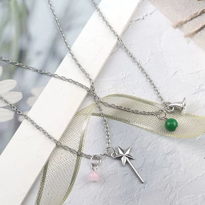 Wicked Necklace Glinda Rose Quartz Wand Necklace Elphaba Aventurine Hat Necklace Natural Gemstone Crystal Charm Necklace