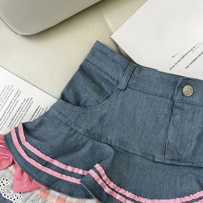 Preppy Style Lolita Kawaii Skirts Japanese Sweet Mini Women Harajuku Cute Ball Denim Y2K High Waist Lace Cake Skirts