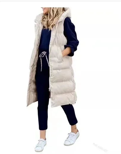Women Autumn Winter Hooded Vest Coats Outwear Jacket Single-breasted Sleeveless Warm Solid Color Coats Parka