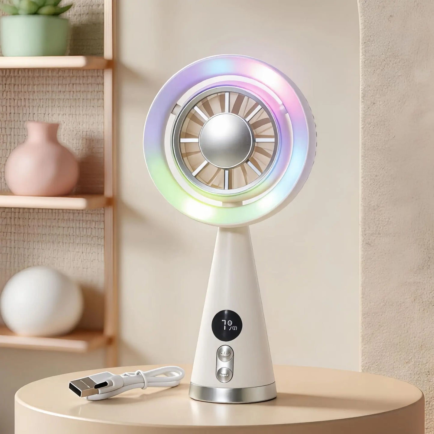 Portable Handheld Fan USB Rechargeable Mini Cooling Fan Digital Display LED Light Personal Fan for Travel Camping Outdoor
