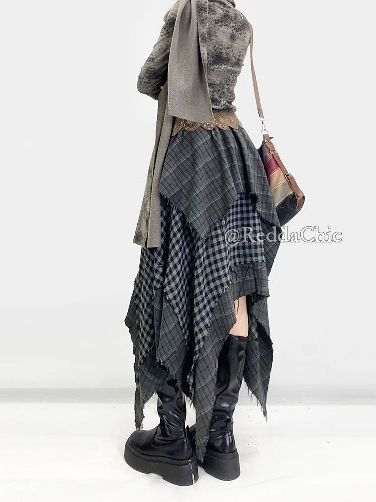 REDDACHiC Big Size Asymmetrical Plaid Skirt Retro Punk Raw Edge Irregular Patchwork Elastic Waist Long Skirt Women Acubi Fashion