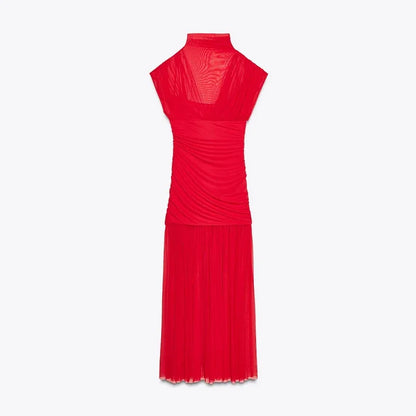 Sexy Red Pleated Mesh Long Red Dress Sleeveless See Through Patchwork A-line Party Dresses Female 2025 Summer Lady Slim Robes