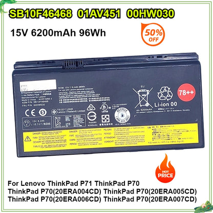 New 00HW030 01AV451 SB10F46468 Laptop Battery for Lenovo ThinkPad P70 P71 P72 20ER003QGE 20HK0003GE 15V 6200mAh 96Wh Bateria
