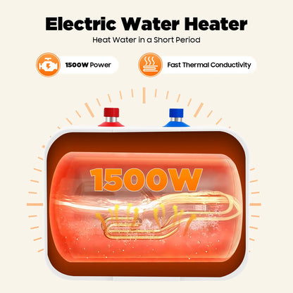 1500W Electric Hot Water Heater 6L/1.59Gal Mini Tank Water Heater Knob Control Compact Kitchen Undersink Water Heater